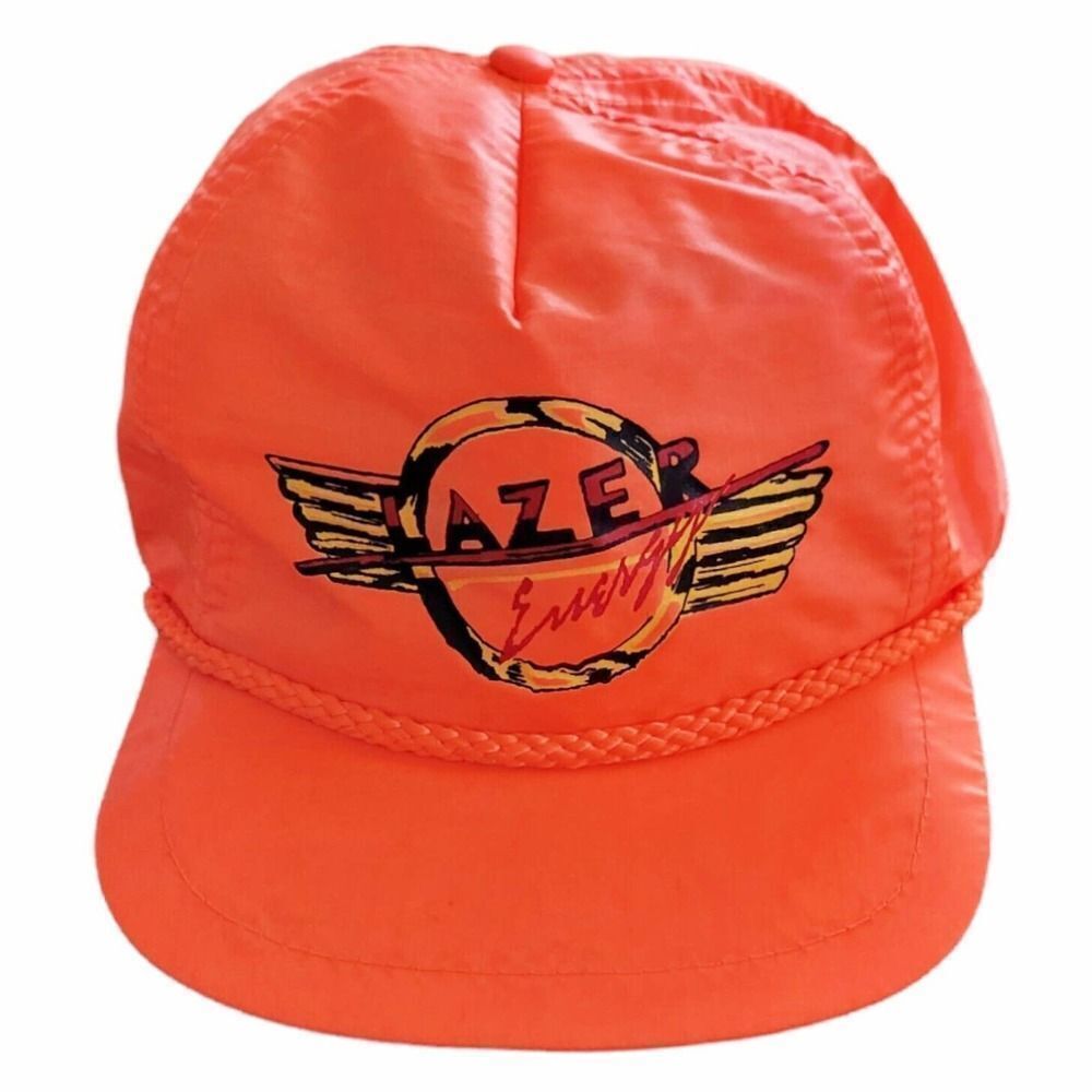 Vintage Neon Orange Sport Cap Lazer Energy 5 Panel Nylon Cap, Adjustable Strap